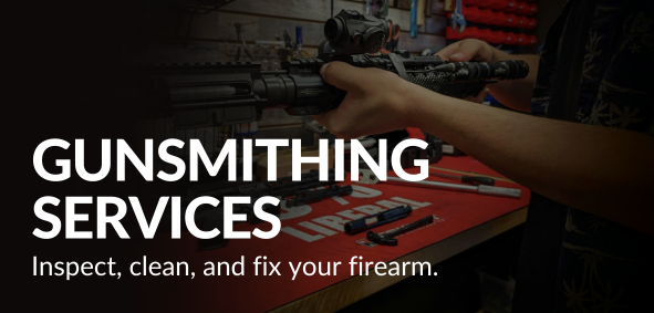 Professional gunsmith making a repair with the words 